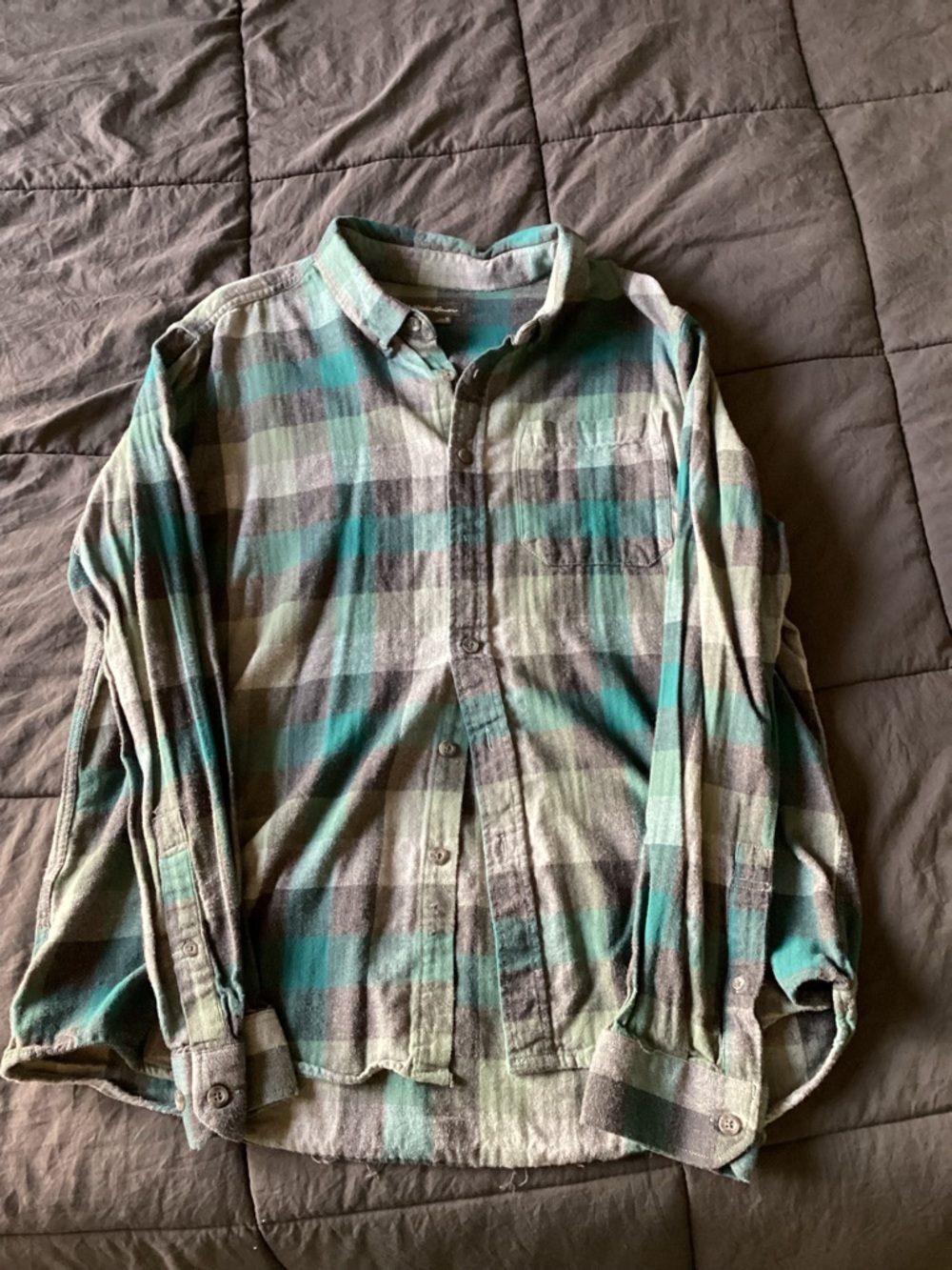 Eddie Bauer Green and Gray Plaid Button-Down Flannel